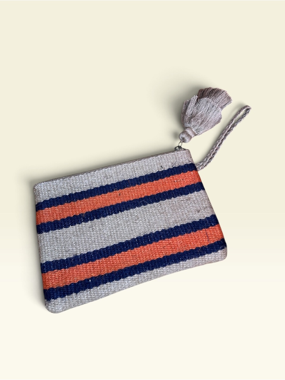 J.Jill Woven Jute Striped Clutch Bag Navy Orange Tassel Wristlet
